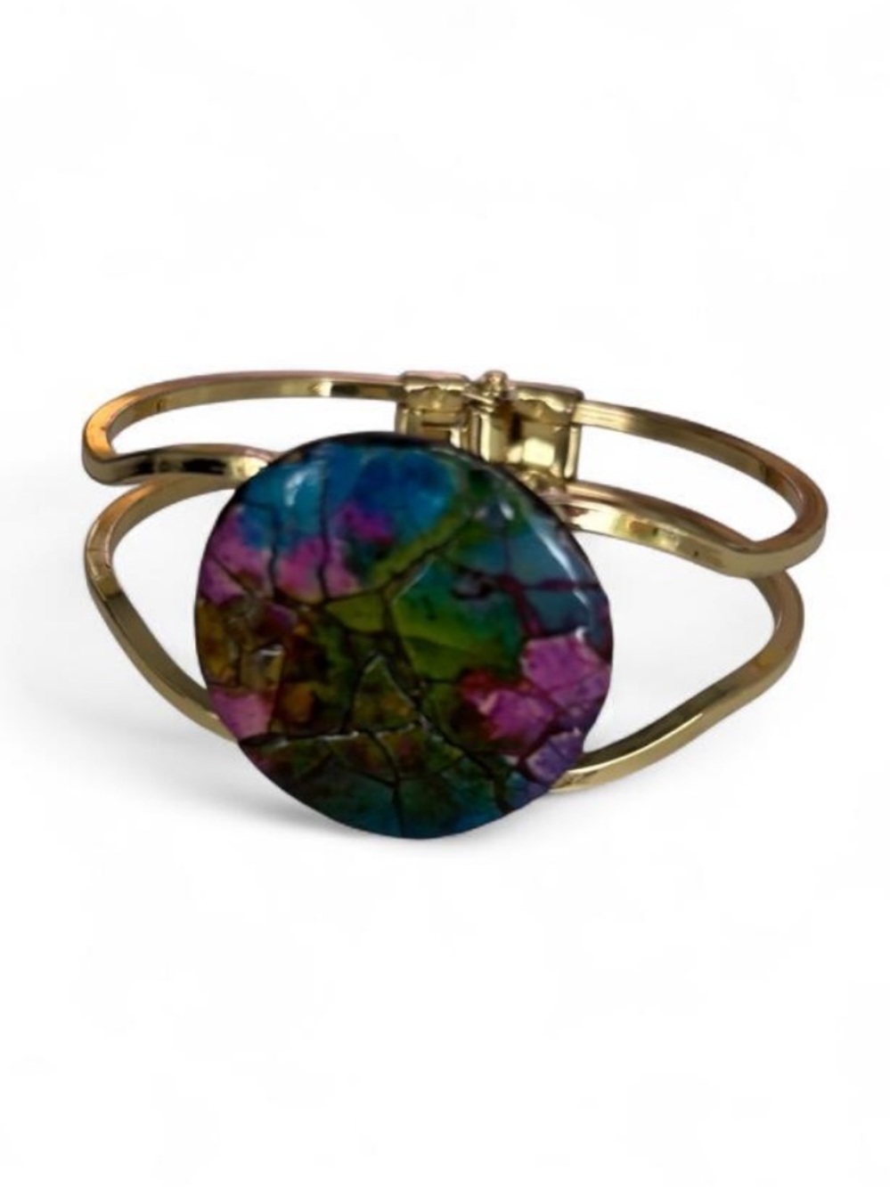 Gold Cuff Bracelet with Multicolor Eggshell Centerpiece
